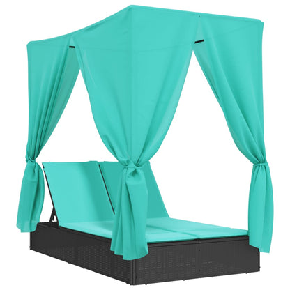 Double Sun Lounger with Roof and Curtains Black Poly Rattan