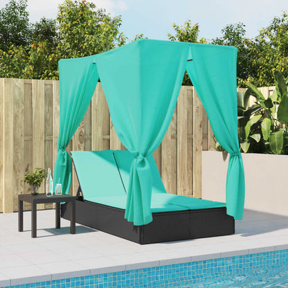 Double Sun Lounger with Roof and Curtains Black Poly Rattan