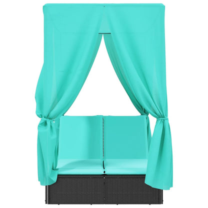 Double Sun Lounger with Roof and Curtains Black Poly Rattan