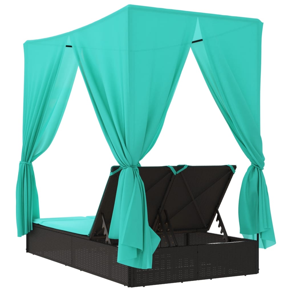 Double Sun Lounger with Roof and Curtains Black Poly Rattan