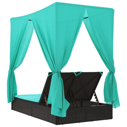 Double Sun Lounger with Roof and Curtains Black Poly Rattan