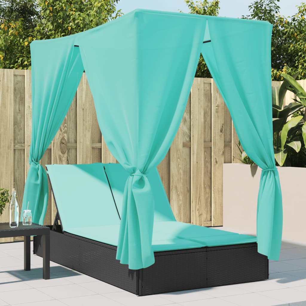 Double Sun Lounger with Roof and Curtains Black Poly Rattan