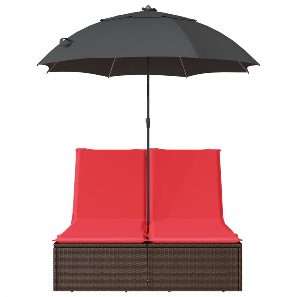 Double Sun Lounger with Cushions&Parasol Brown Poly Rattan