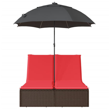 Double Sun Lounger with Cushions&Parasol Brown Poly Rattan