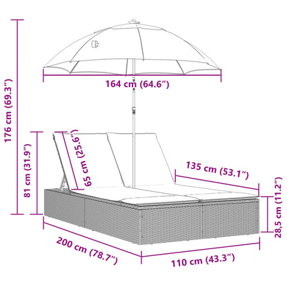 Double Sun Lounger with Cushions&Parasol Brown Poly Rattan