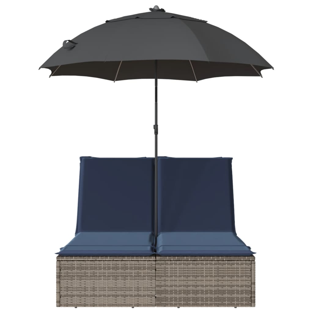 Double Sun Lounger with Cushions&Parasol Gray Poly Rattan