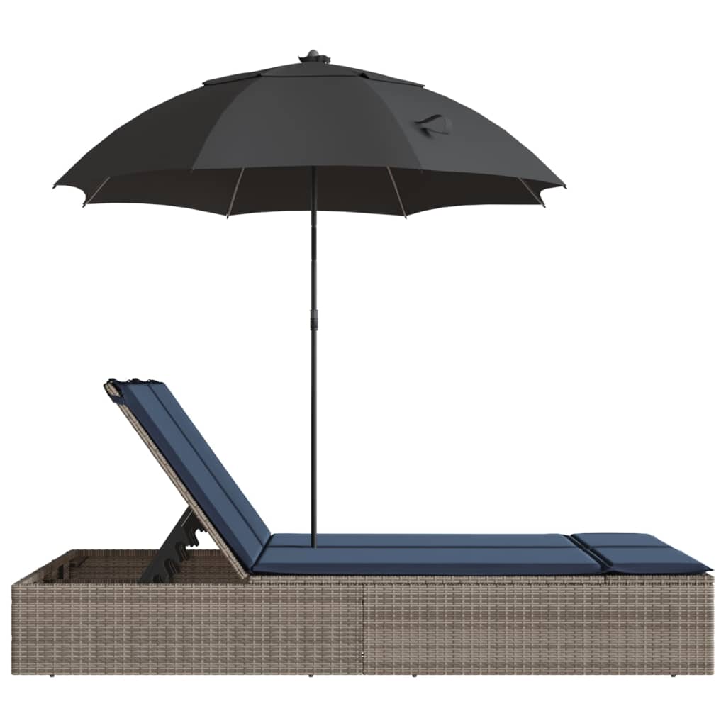 Double Sun Lounger with Cushions&Parasol Gray Poly Rattan