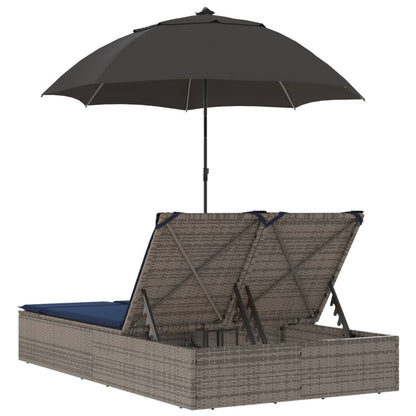 Double Sun Lounger with Cushions&Parasol Gray Poly Rattan