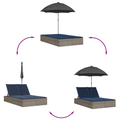 Double Sun Lounger with Cushions&Parasol Gray Poly Rattan