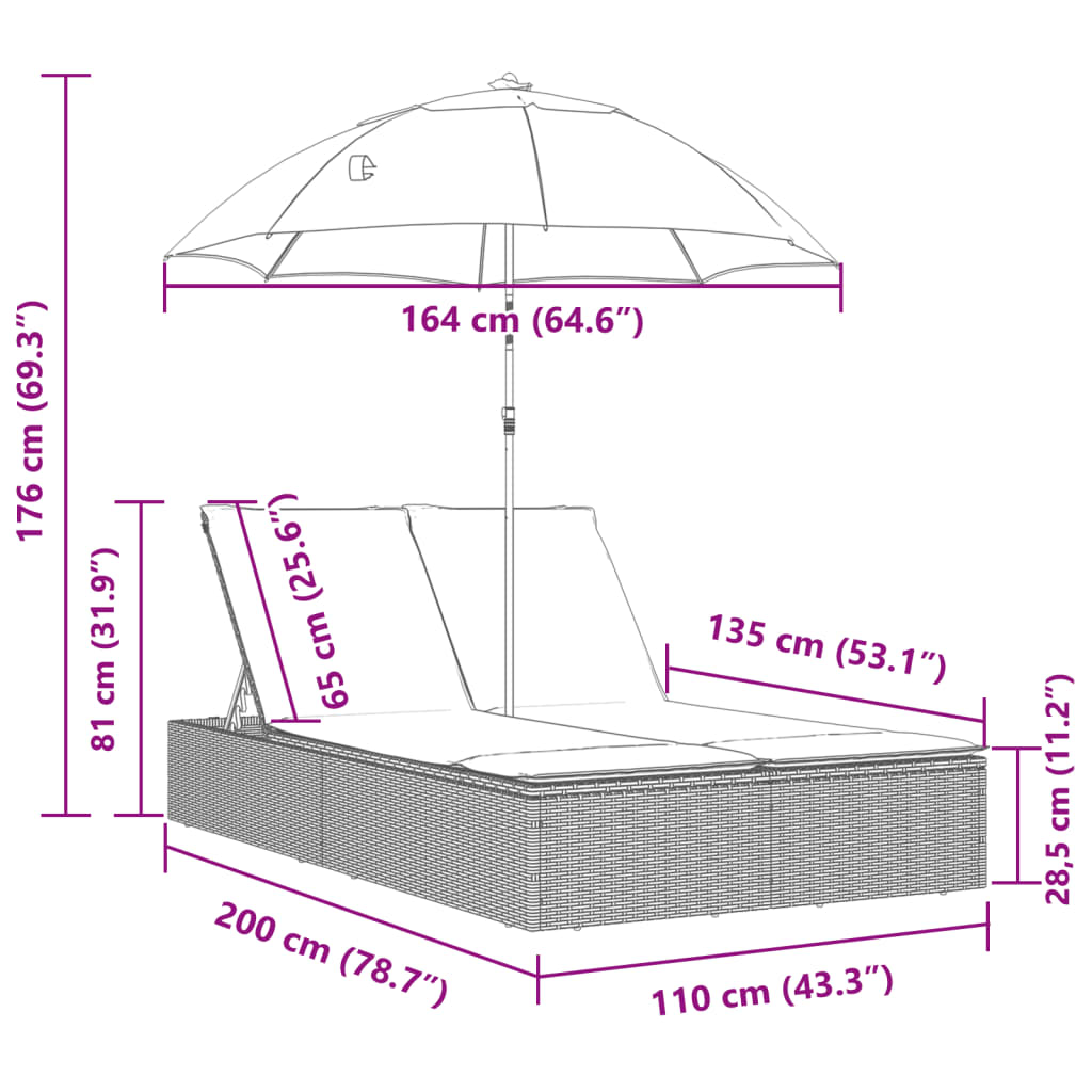Double Sun Lounger with Cushions&Parasol Gray Poly Rattan