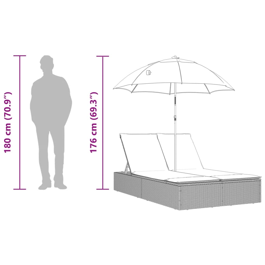 Double Sun Lounger with Cushions&Parasol Gray Poly Rattan