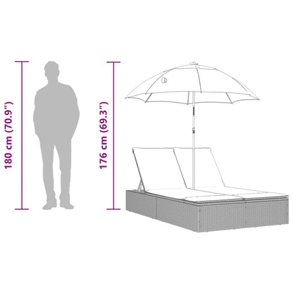 Double Sun Lounger with Cushions&Parasol Gray Poly Rattan