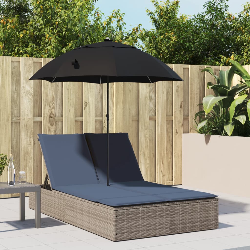 Double Sun Lounger with Cushions&Parasol Gray Poly Rattan