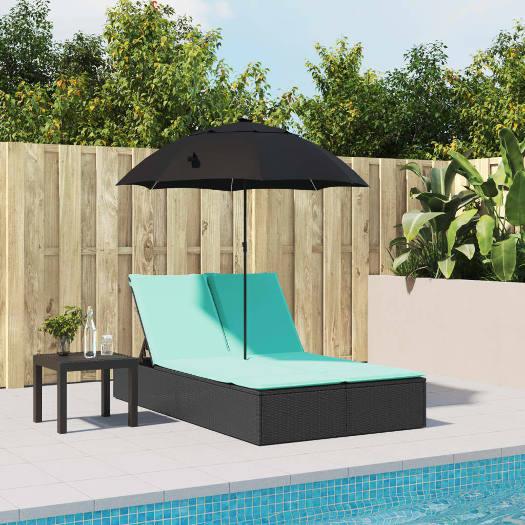 Double Sun Lounger with Cushions&Parasol Black Poly Rattan