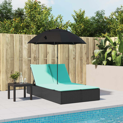 Double Sun Lounger with Cushions&Parasol Black Poly Rattan