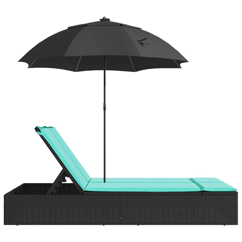 Double Sun Lounger with Cushions&Parasol Black Poly Rattan