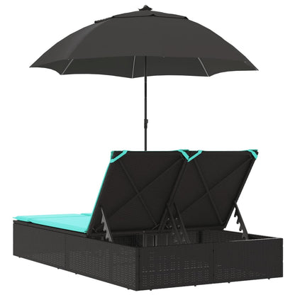 Double Sun Lounger with Cushions&Parasol Black Poly Rattan