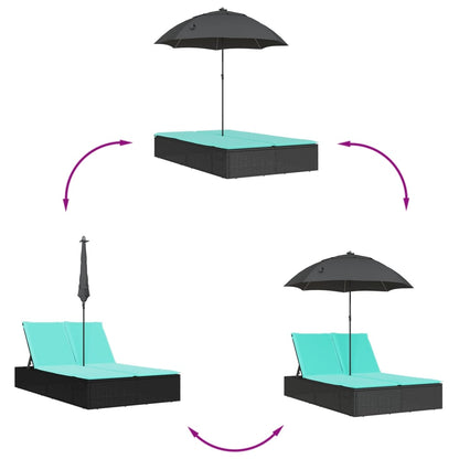 Double Sun Lounger with Cushions&Parasol Black Poly Rattan