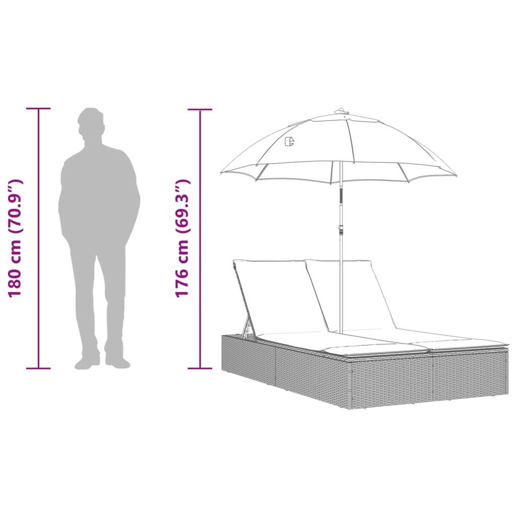 Double Sun Lounger with Cushions&Parasol Black Poly Rattan