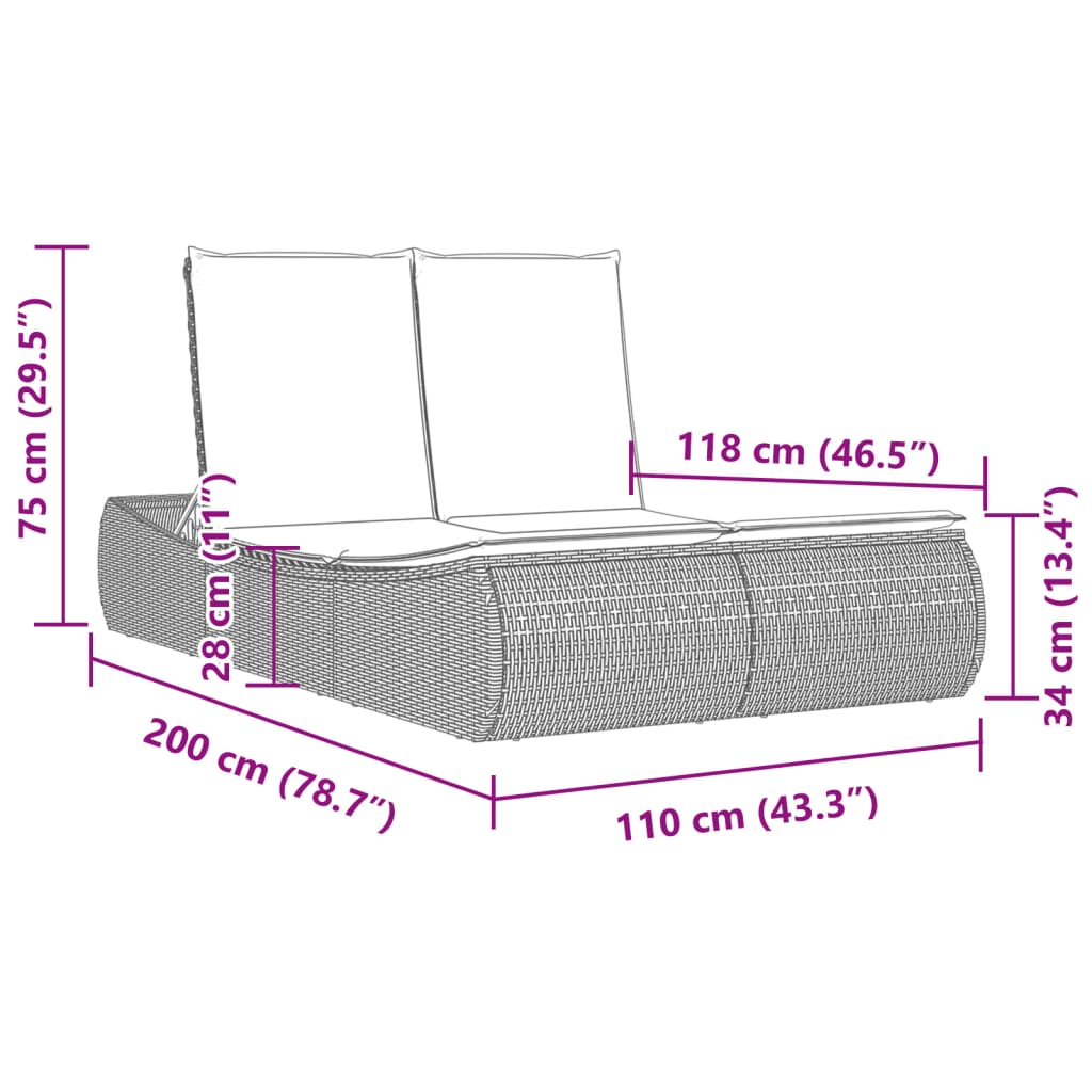 Double Sun Lounger with Cushions Gray Poly Rattan