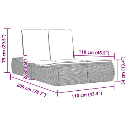 Double Sun Lounger with Cushions Gray Poly Rattan