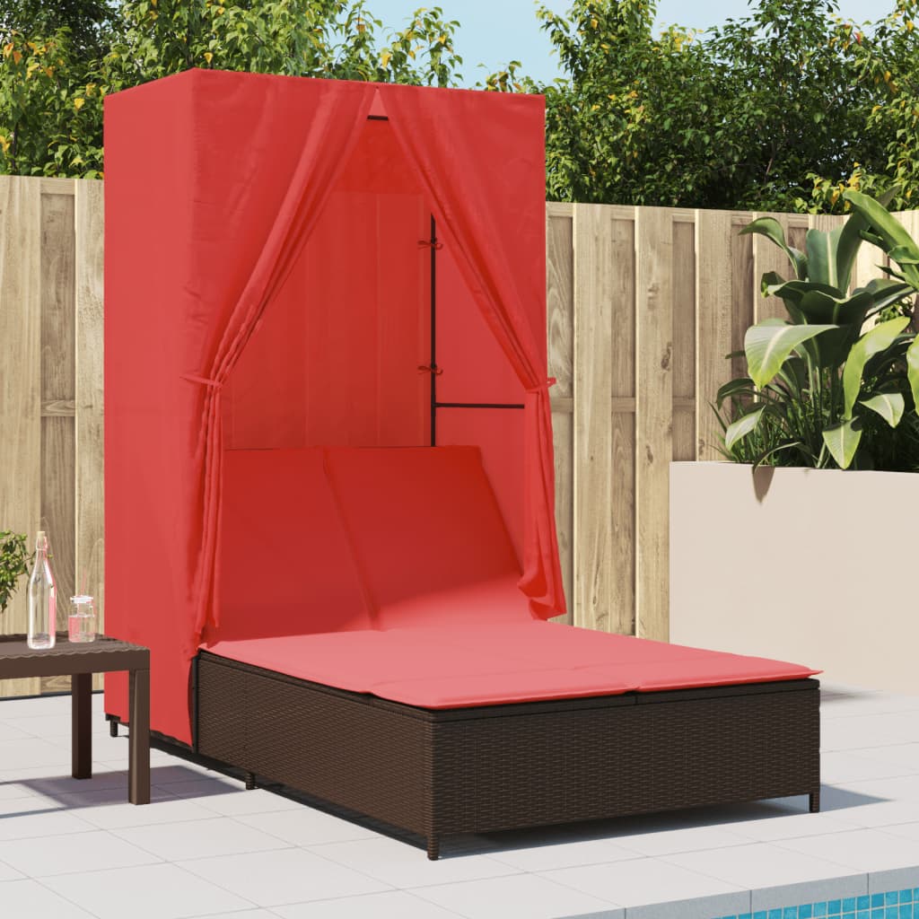 Double Sun Lounger with Roof and Curtains Brown Poly Rattan