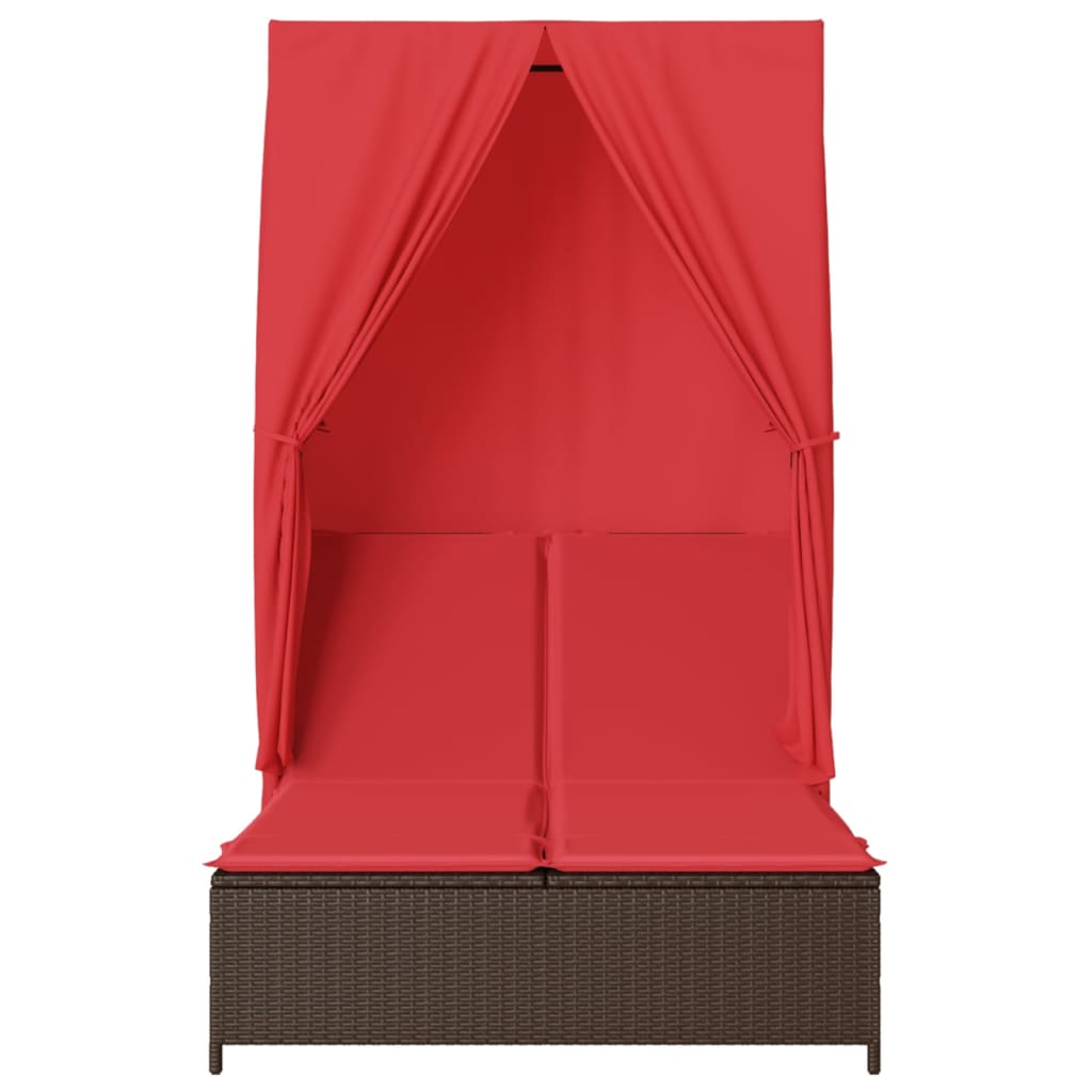 Double Sun Lounger with Roof and Curtains Brown Poly Rattan