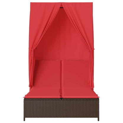 Double Sun Lounger with Roof and Curtains Brown Poly Rattan