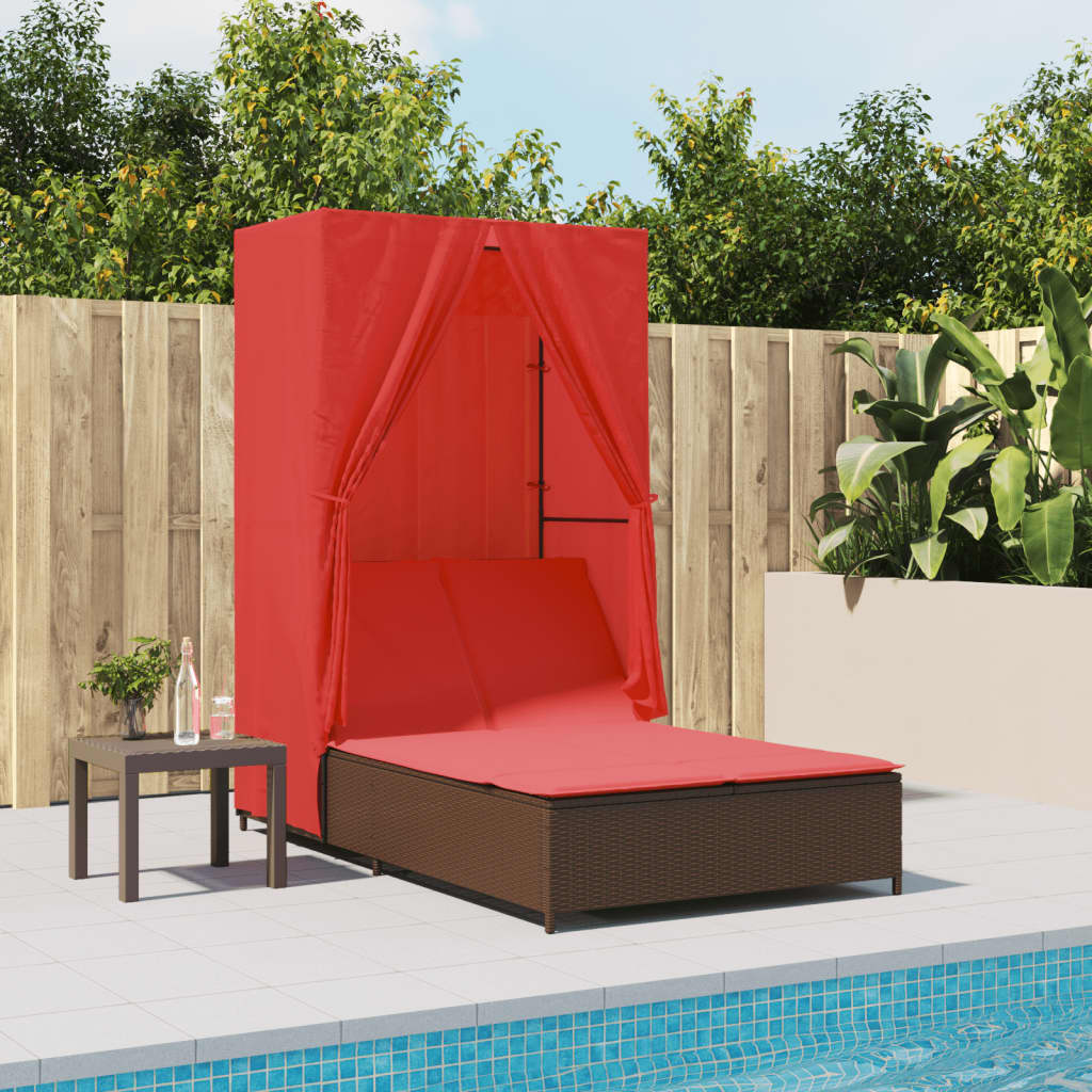 Double Sun Lounger with Roof and Curtains Brown Poly Rattan