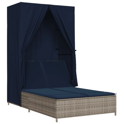 Double Sun Lounger with Roof and Curtains Gray Poly Rattan