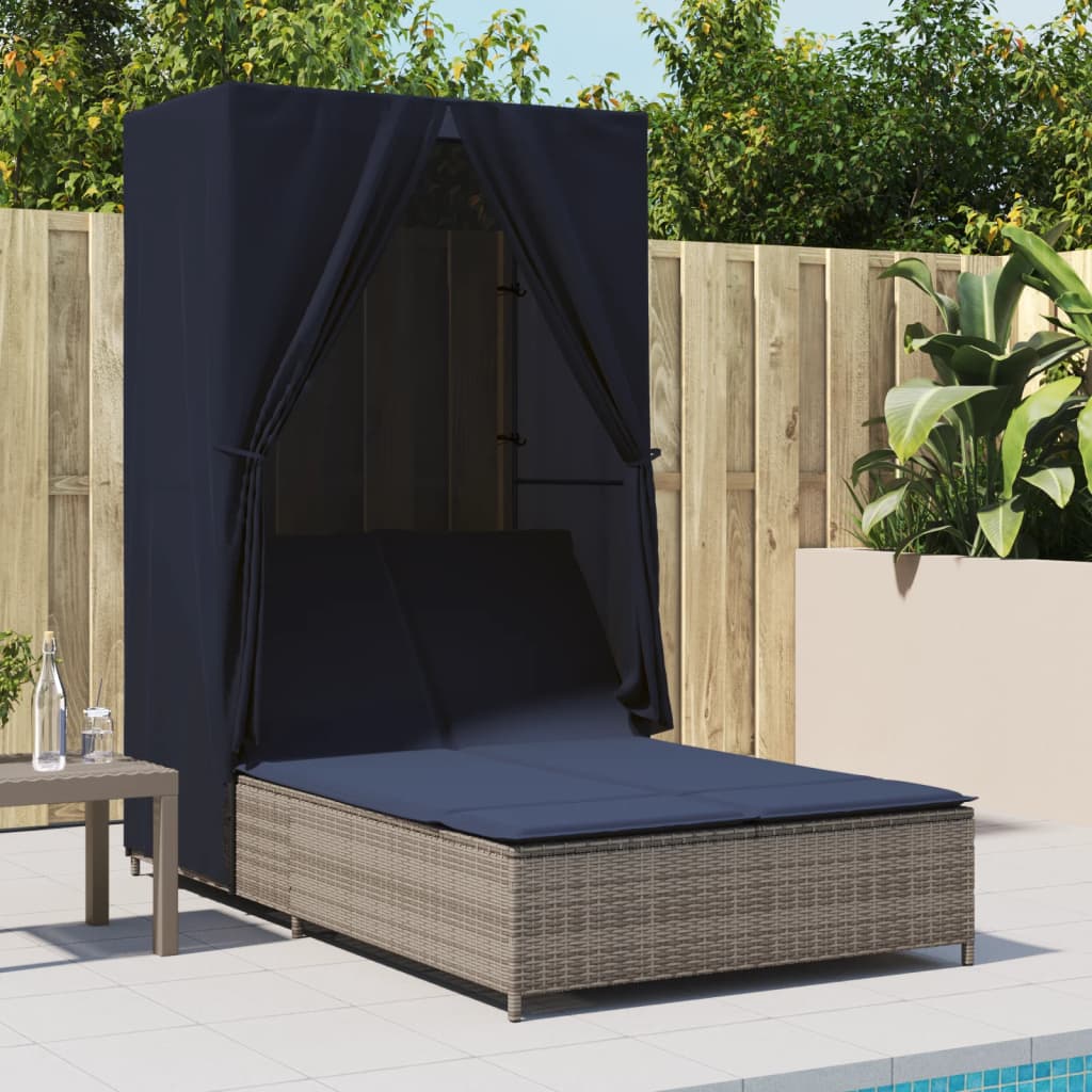 Double Sun Lounger with Roof and Curtains Gray Poly Rattan