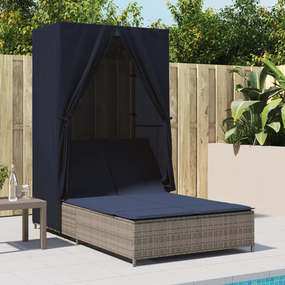 Double Sun Lounger with Roof and Curtains Gray Poly Rattan