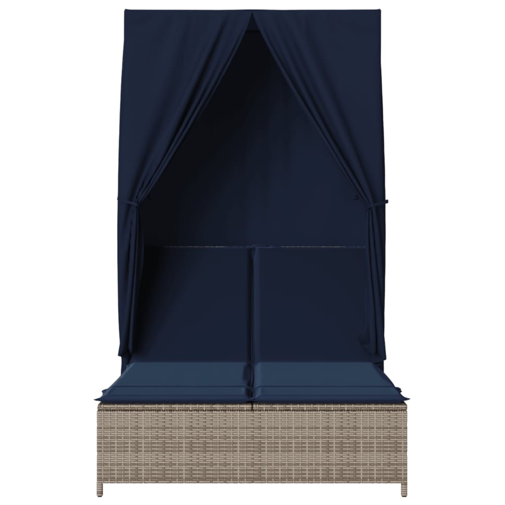 Double Sun Lounger with Roof and Curtains Gray Poly Rattan