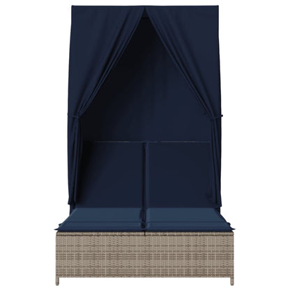 Double Sun Lounger with Roof and Curtains Gray Poly Rattan