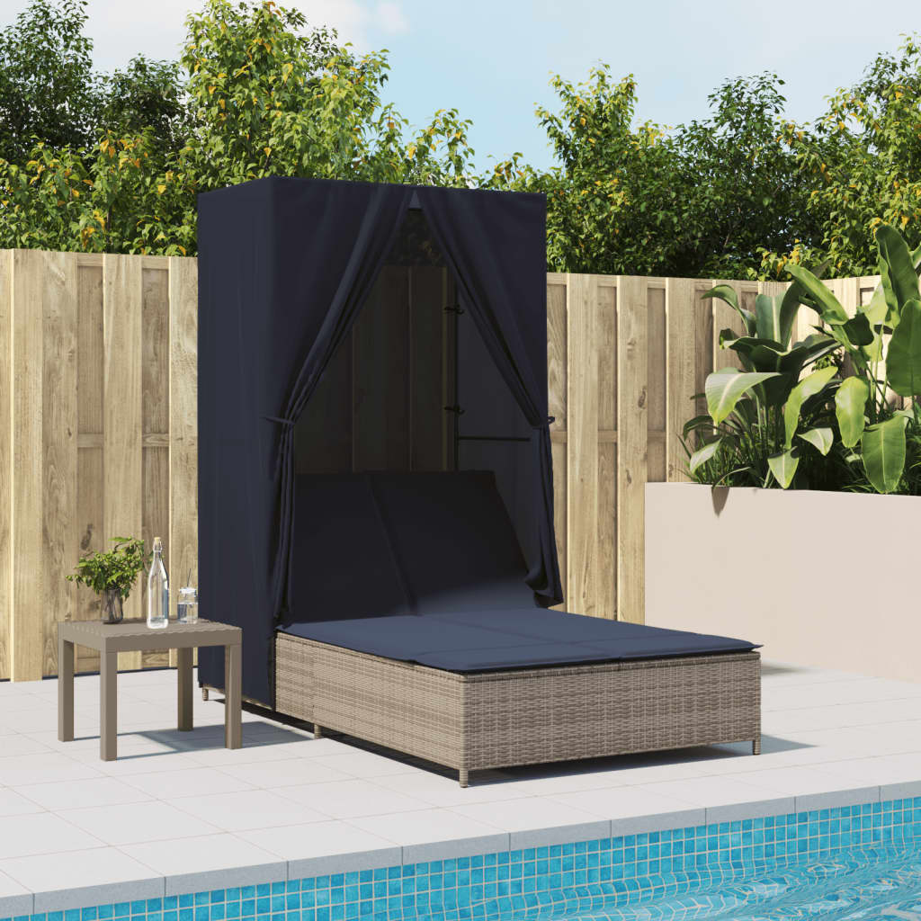 Double Sun Lounger with Roof and Curtains Gray Poly Rattan