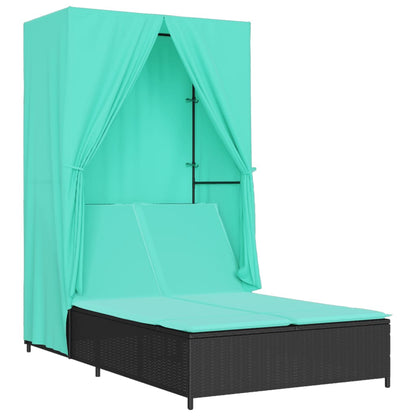 Double Sun Lounger with Roof and Curtains Black Poly Rattan