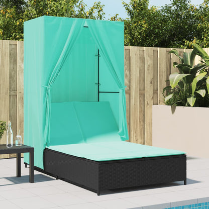 Double Sun Lounger with Roof and Curtains Black Poly Rattan
