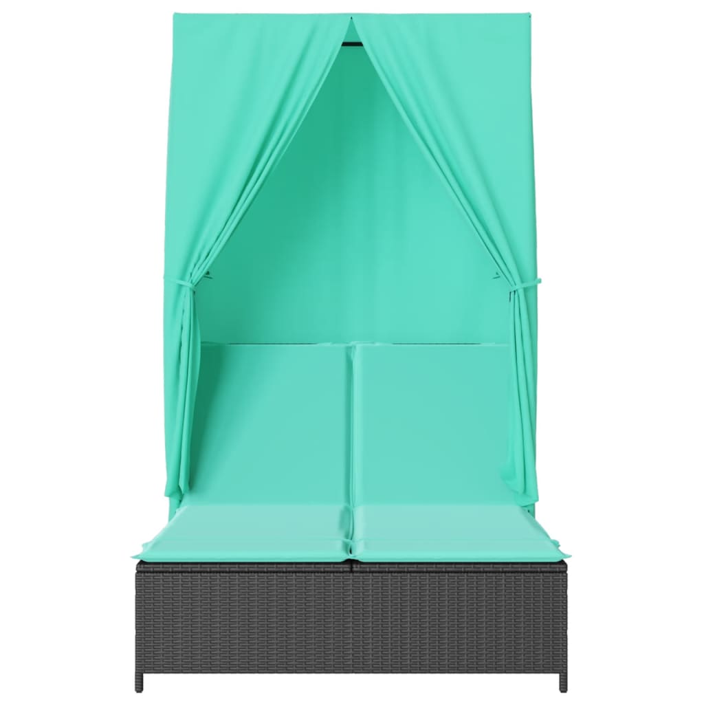 Double Sun Lounger with Roof and Curtains Black Poly Rattan