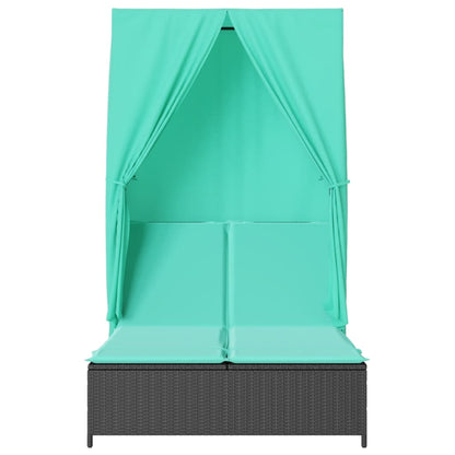 Double Sun Lounger with Roof and Curtains Black Poly Rattan