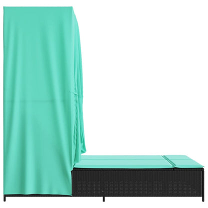 Double Sun Lounger with Roof and Curtains Black Poly Rattan