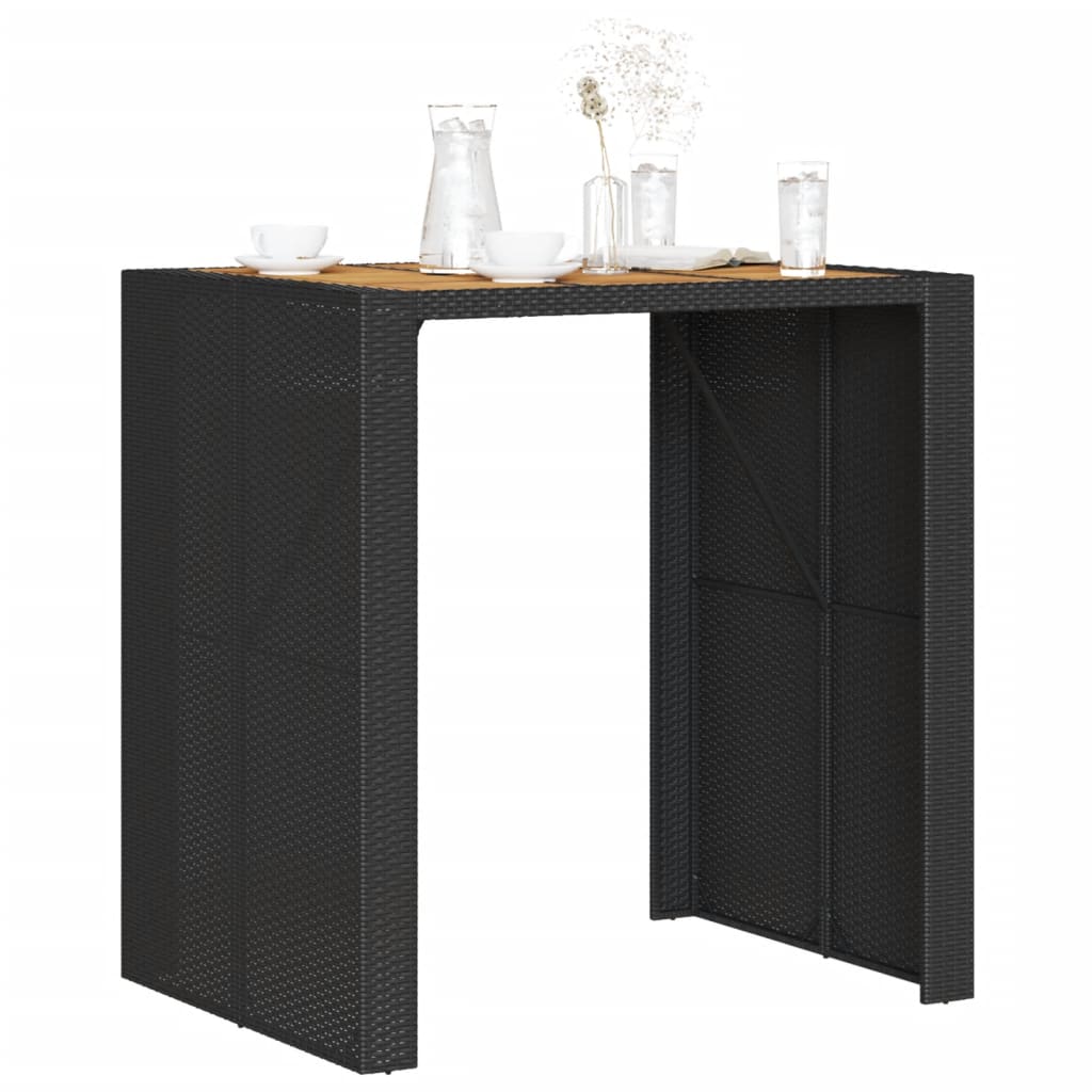 Patio Bar Table with Acacia Wood Top Black 41.3"x31.5"x43.3" Poly Rattan