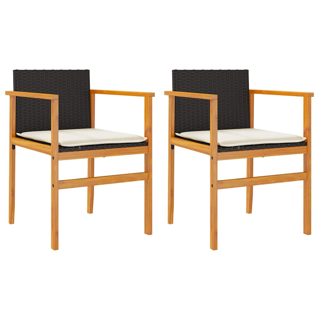 Patio Chairs with Cushions 2 pcs Black Poly Rattan&Solid Wood