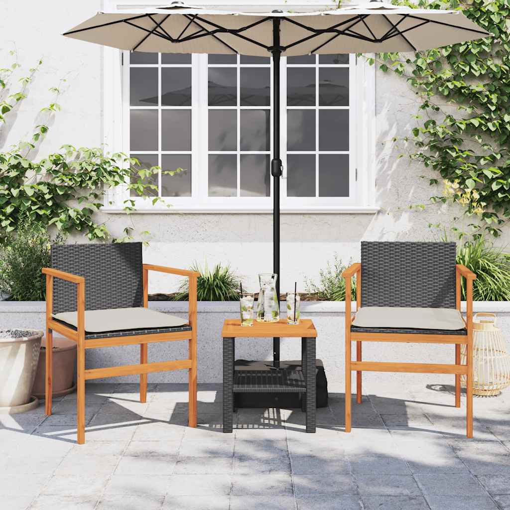 Patio Chairs with Cushions 2 pcs Black Poly Rattan&Solid Wood