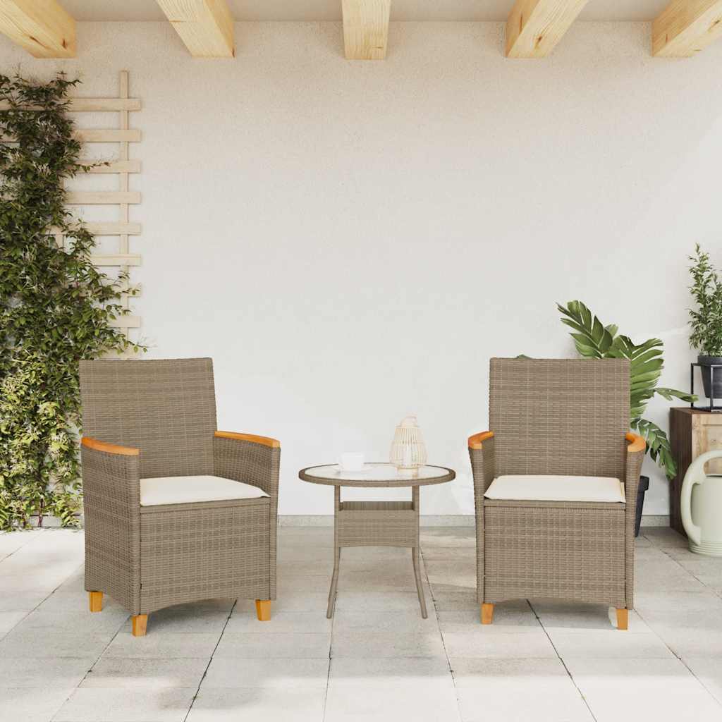 Patio Chairs with Cushions 2 pcs Beige Poly Rattan&Solid Wood