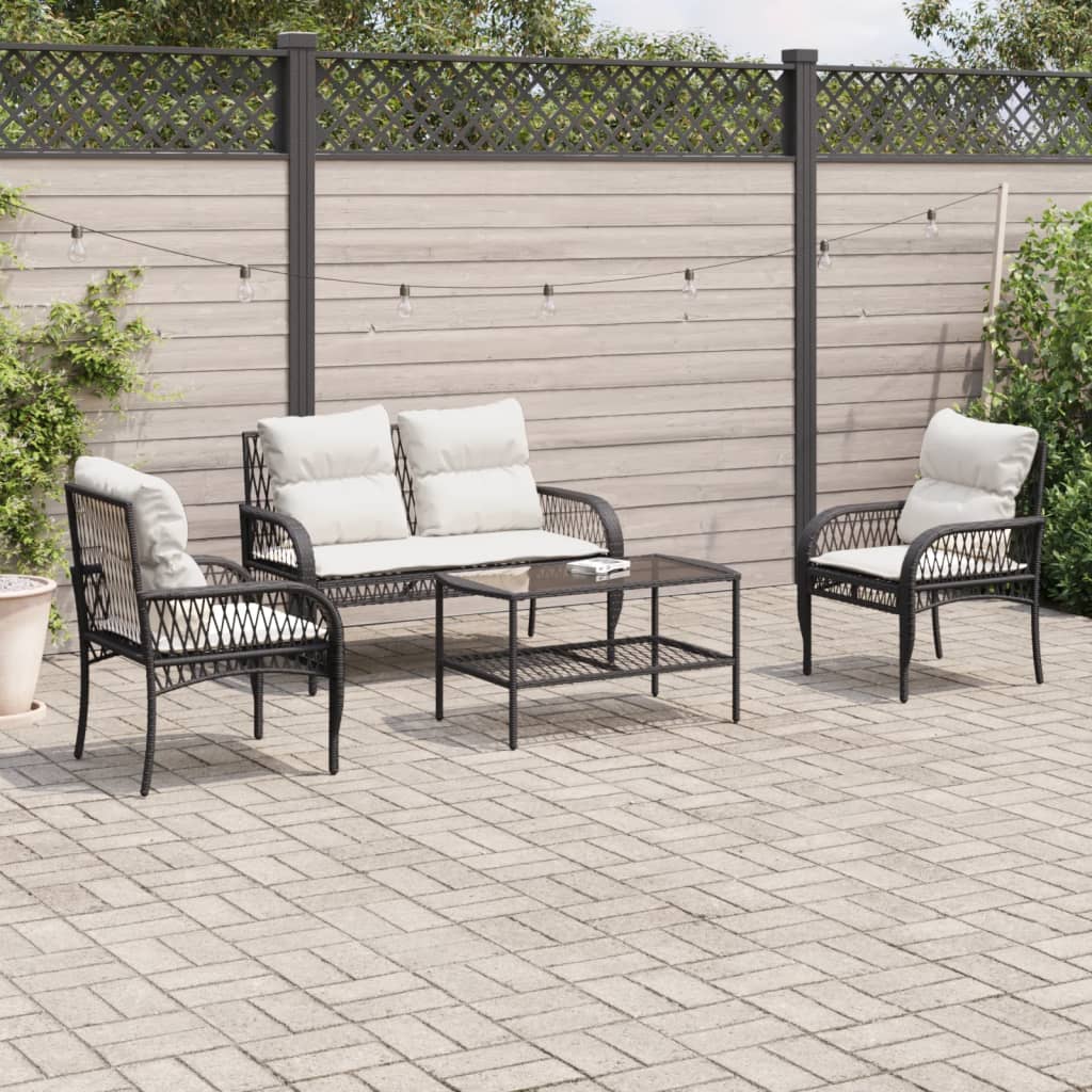 4 Piece Patio Sofa Set with Cushions Black Poly Rattan