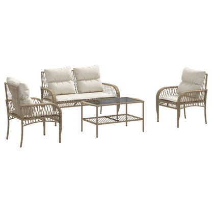 4 Piece Patio Sofa Set with Cushions Beige Poly Rattan