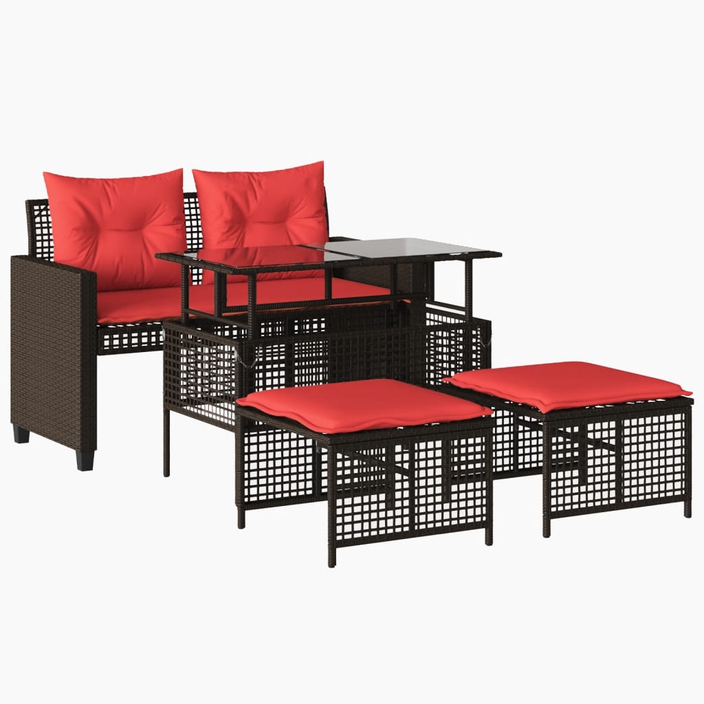 4 Piece Patio Sofa Set with Cushions Brown Poly Rattan Glass