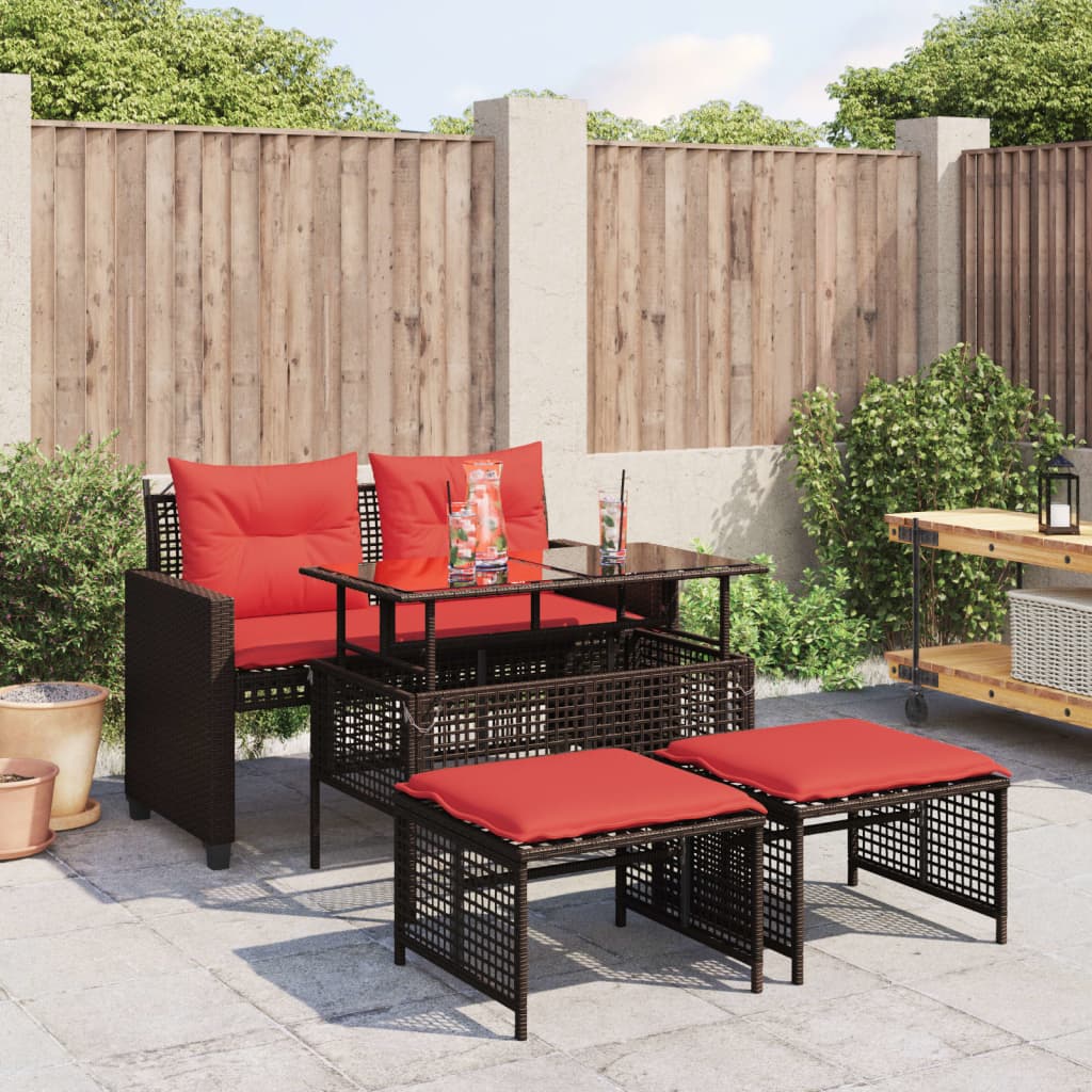 4 Piece Patio Sofa Set with Cushions Brown Poly Rattan Glass