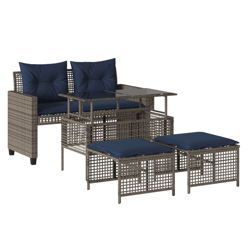 4 Piece Patio Sofa Set with Cushions Gray Poly Rattan Glass