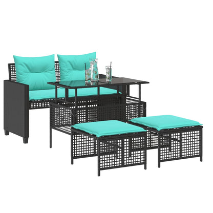 4 Piece Patio Sofa Set with Cushions Black Poly Rattan Glass